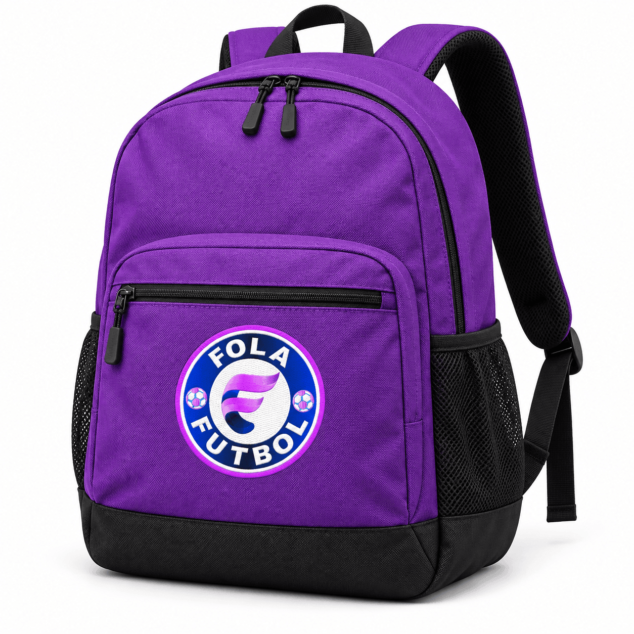 AI-generated design mockup of a purple FolaFutbol backpack
