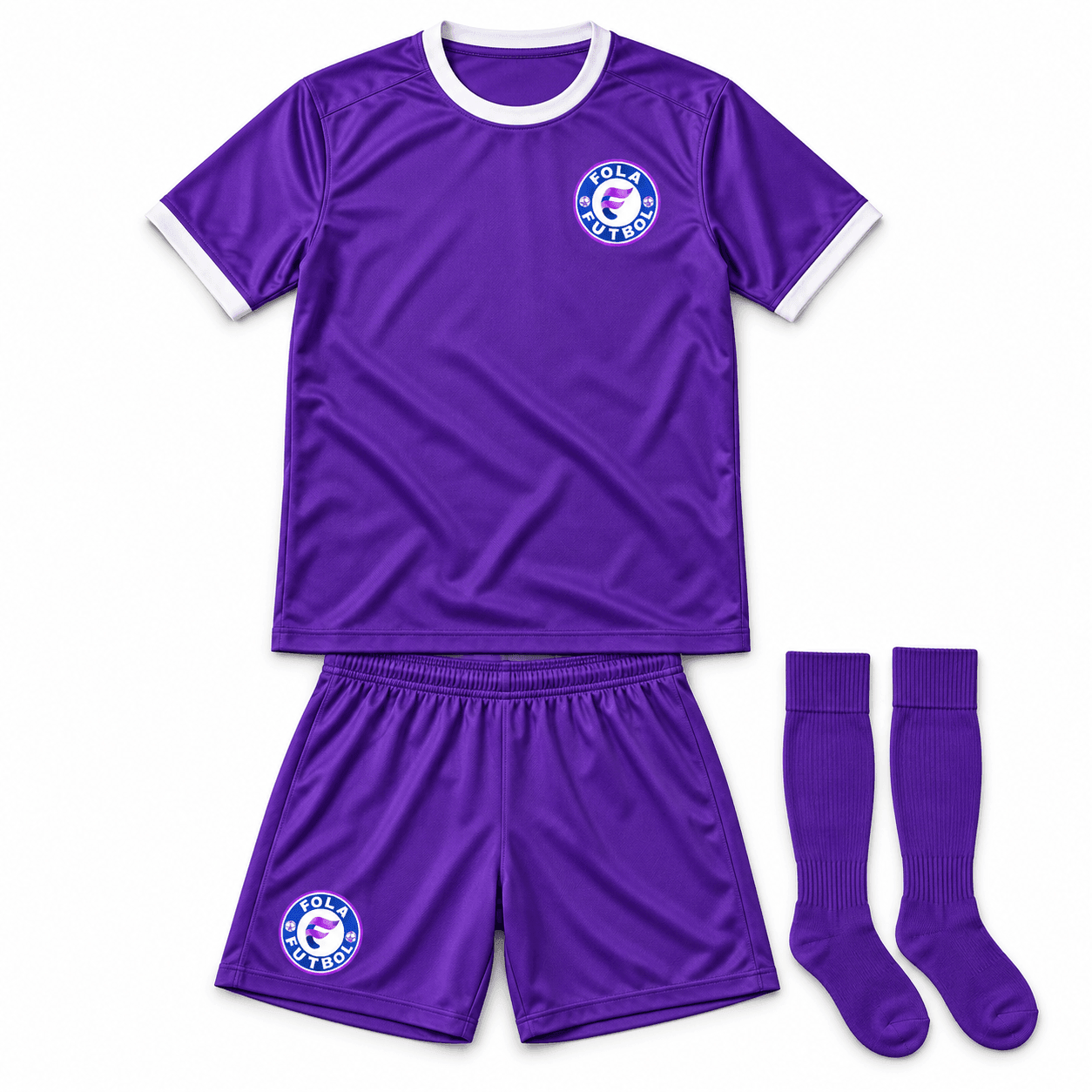 AI-generated design mockup of a purple FolaFutbol fan jersey kit