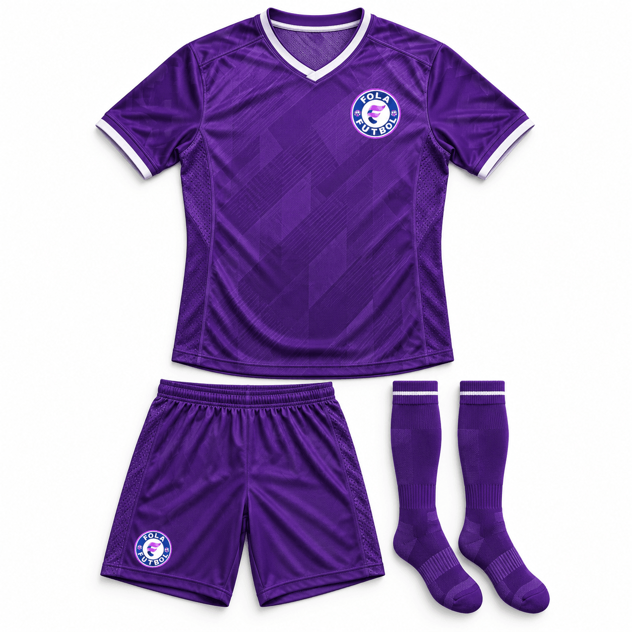 AI-generated design mockup of a purple FolaFutbol player jersey kit