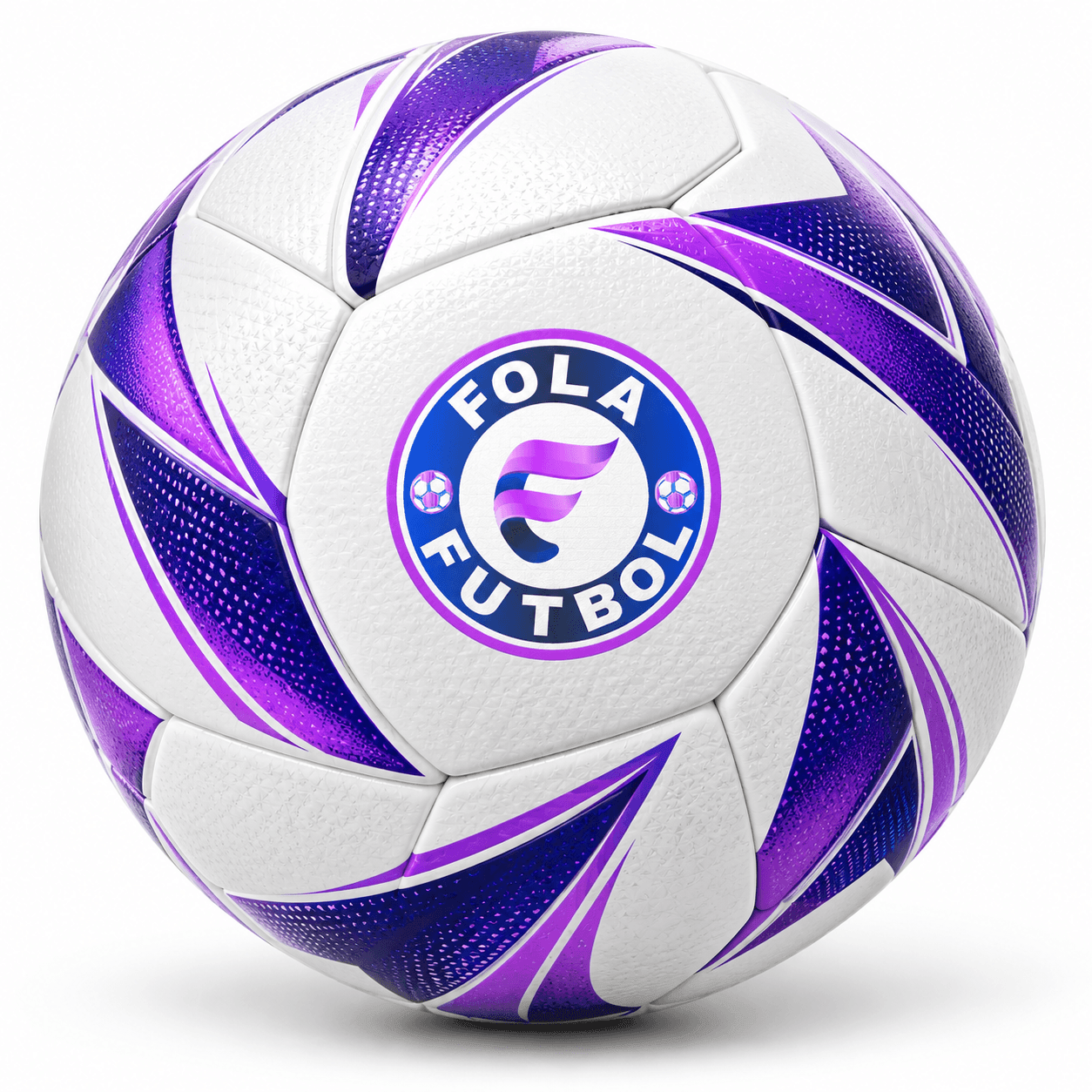 AI-generated design mockup of a purple-and-white soccer ball with the FolaFutbol crest
